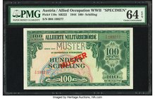 Austria Allied Military Authority 100 Schilling 1944 Pick 110s Specimen PMG Choice Uncirculated 64 EPQ. Perforated "Muster" is present.

HID0980124201...