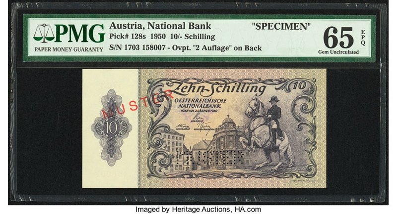 Austria Austrian National Bank 10 Schilling 2.1.1950 Pick 128s Specimen PMG Gem ...