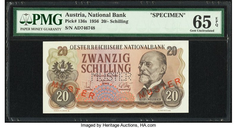 Austria Austrian National Bank 20 Schilling 2.7.1956 Pick 136s Specimen PMG Gem ...