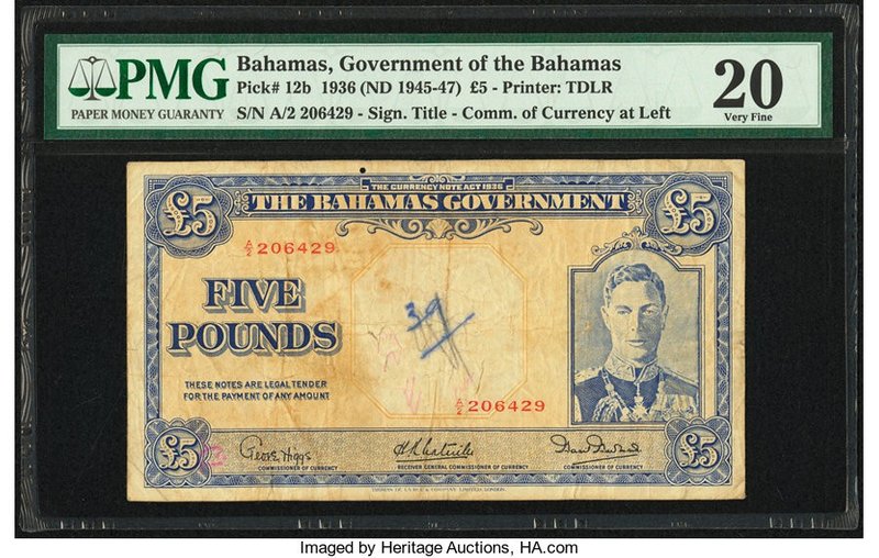 Bahamas Bahamas Government 5 Pounds 1936 (ND 1945-47) Pick 12b PMG Very Fine 20....