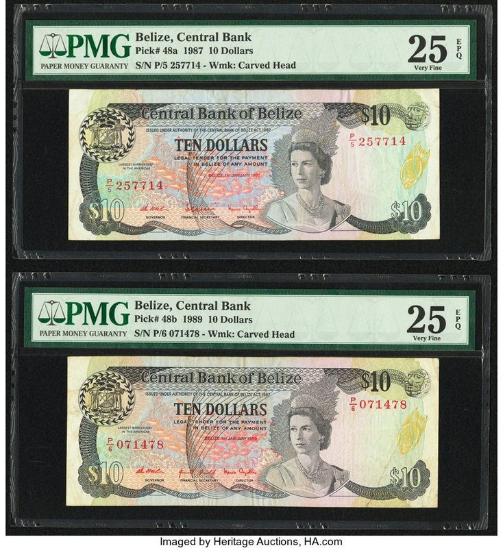 Belize Central Bank 10 Dollars 1.1.1987; 1.1.1989 Pick 48a; 48b Two Examples PMG...