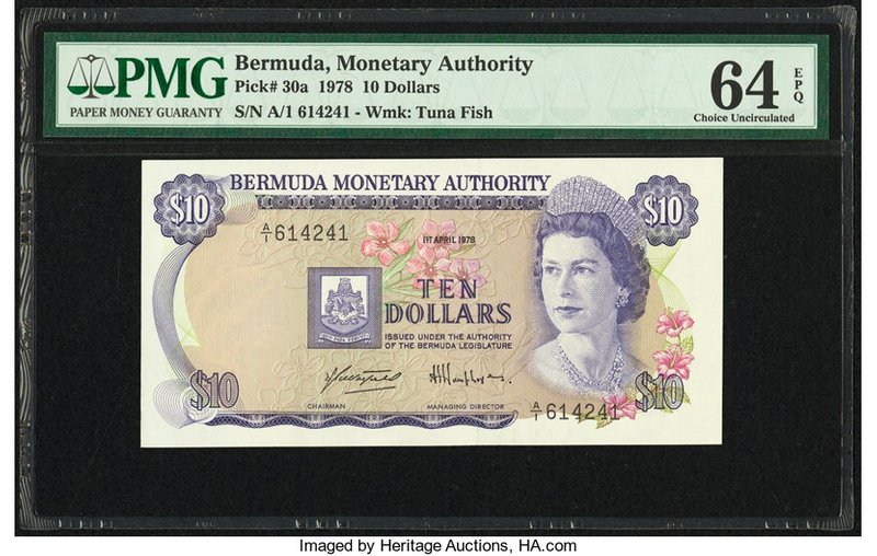 Bermuda Monetary Authority 10 Dollars 1.4.1978 Pick 30a PMG Choice Uncirculated ...