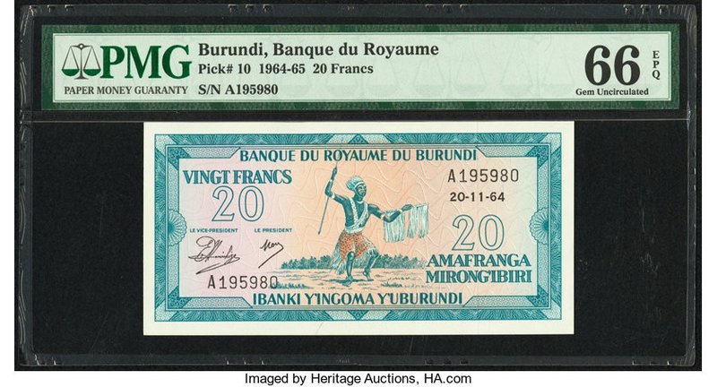 Burundi Banque du Royaume du Burundi 20 Francs 20.11.1964 Pick 10 PMG Gem Uncirc...