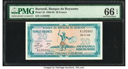 Burundi Banque du Royaume du Burundi 20 Francs 20.11.1964 Pick 10 PMG Gem Uncirculated 66 EPQ. 

HID09801242017