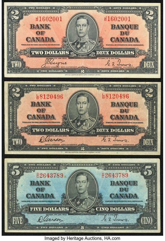 Canada Bank of Canada $2 1937 BC-22b; 22c; $5 1937 BC-23b Very Fine or Better. 
...