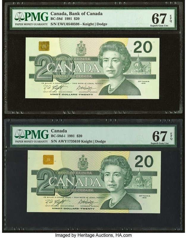 Canada Banque du Canada $20 1991 BC-58d; BC-58d-i Two Examples PMG Superb Gem Un...