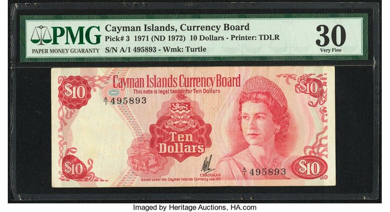 Cayman Islands Currency Board 10 Dollars 1971 (ND 1972) Pick 3 PMG Very Fine 30....