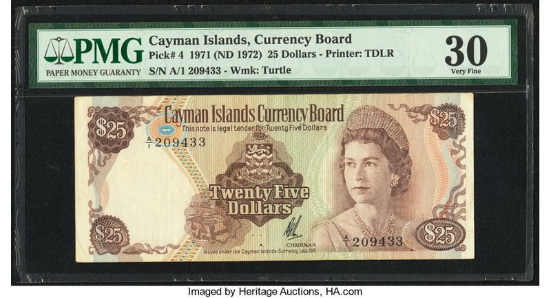 Cayman Islands Currency Board 25 Dollars 1971 (ND 1972) Pick 4 PMG Very Fine 30....