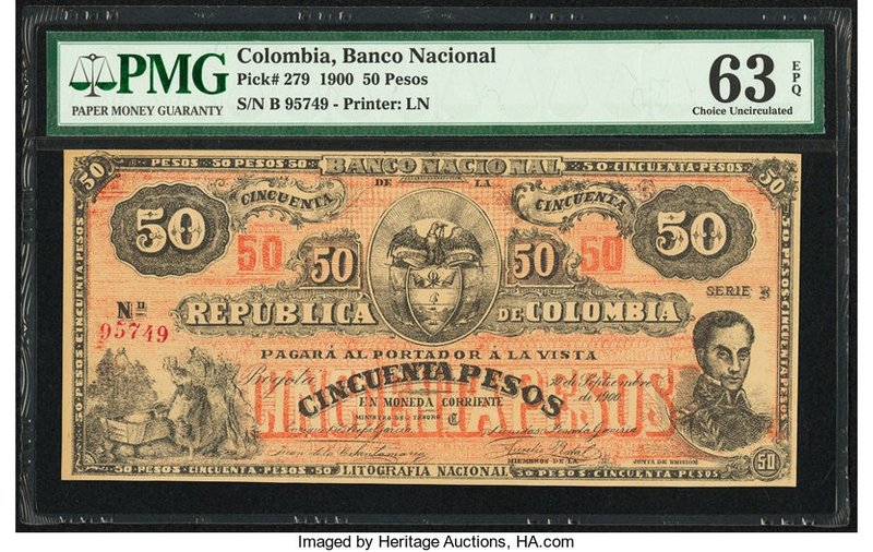 Colombia Banco Nacional 50 Pesos 1900 Pick 279 PMG Choice Uncirculated 63 EPQ. 
...