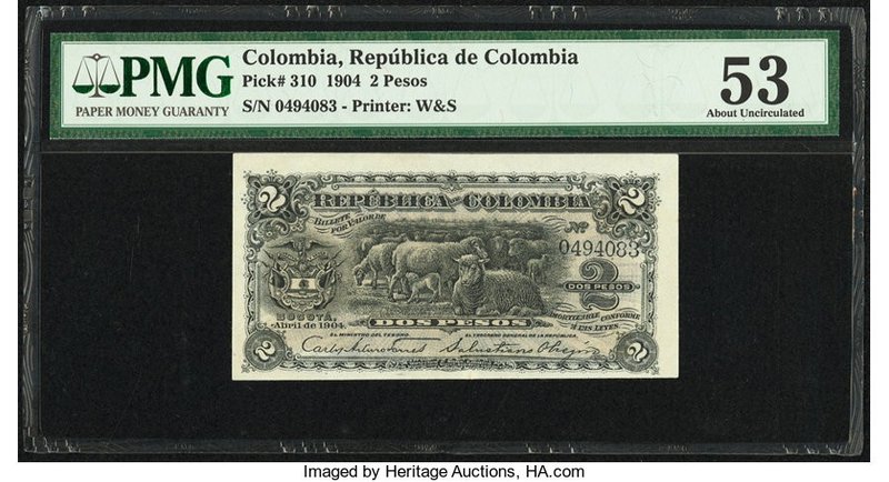 Colombia Banco de la Republica 2 Pesos 4.1904 Pick 310 PMG About Uncirculated 53...