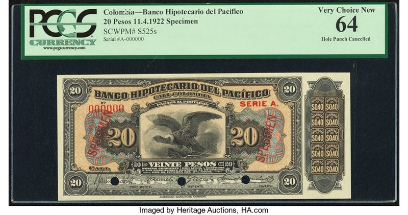 Colombia Banco Hipotecario del Pacifico 20 Pesos 11.4.1922 Pick S525s Specimen P...