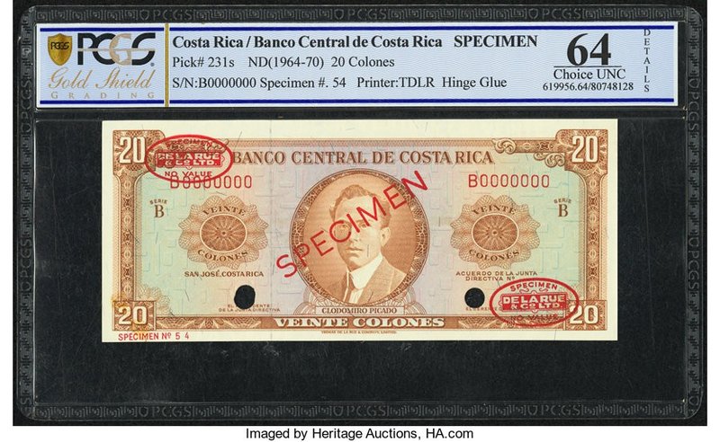 Costa Rica Banco Central de Costa Rica 20 Colones ND (1964-70) Pick 231s Specime...