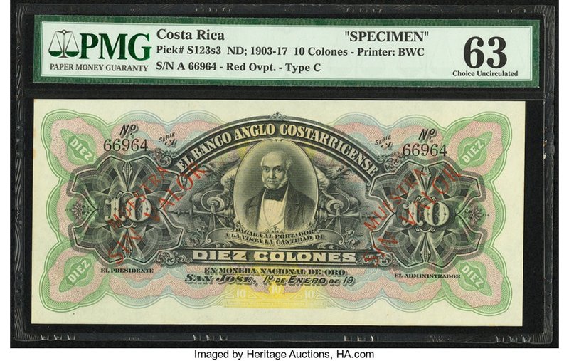 Costa Rica Banco Anglo Costarricense 10 Colones 1.1.19xx Pick S123s3 Specimen PM...