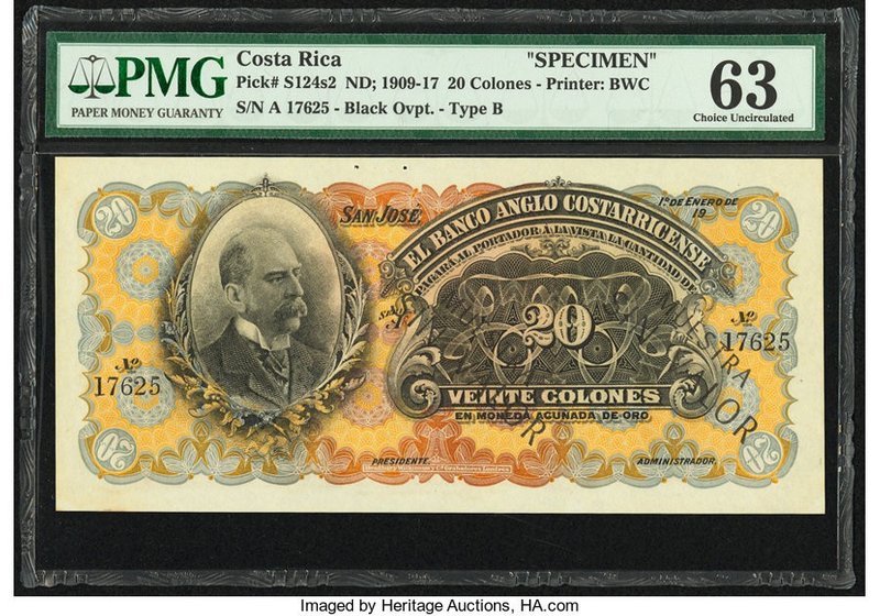 Costa Rica Banco Anglo Costarricense 20 Colones 1.1.19xx Pick S124s2 PMG Choice ...