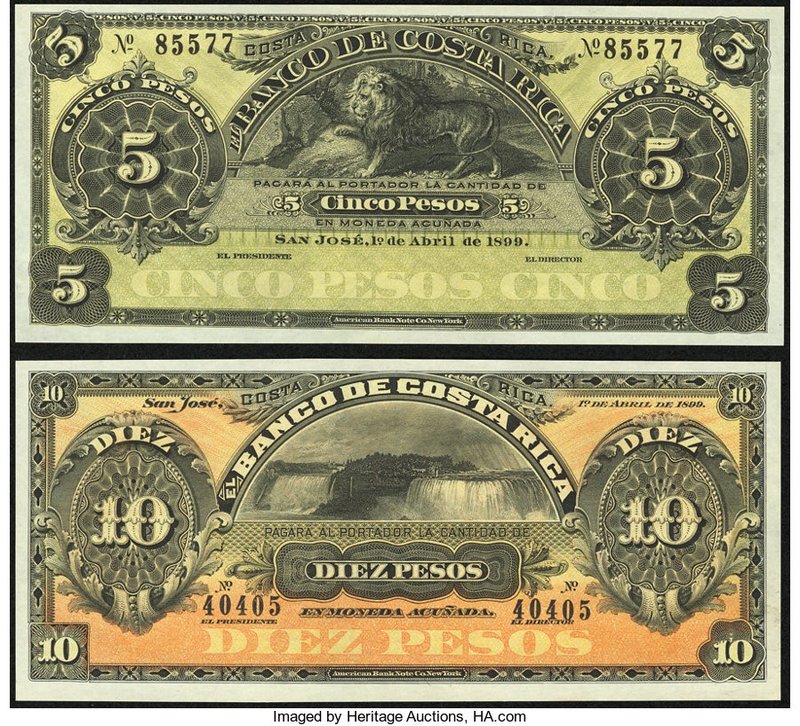 Costa Rica Banco de Costa Rica 5; 10 Pesos 1.4.1899 Pick S163r; S164r Remainders...