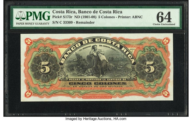 Costa Rica Banco de Costa Rica 5 Colones ND (1901-08) Pick S172r Remainder PMG C...