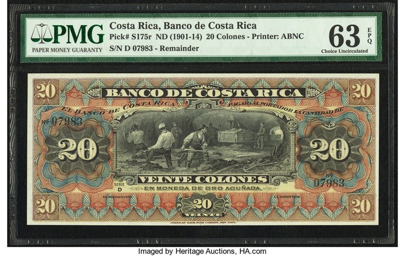 Costa Rica Banco de Costa Rica 20 Colones ND (1901-14) Pick S175r Remainder PMG ...