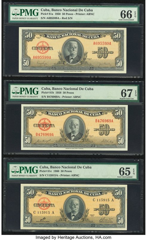 Cuba Banco Nacional de Cuba 50 Pesos 1950; 1958; 1960 Pick 81a; 81b; 81c PMG Gem...