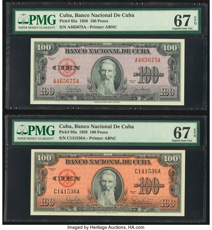 Cuba Banco Nacional de Cuba 100 Pesos 1950; 1959 Pick 82a; 93a Two Examples PMG ...