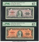 Cuba Banco Nacional de Cuba 100 Pesos 1950; 1959 Pick 82a; 93a Two Examples PMG Superb Gem Unc 67 EPQ. 

HID09801242017