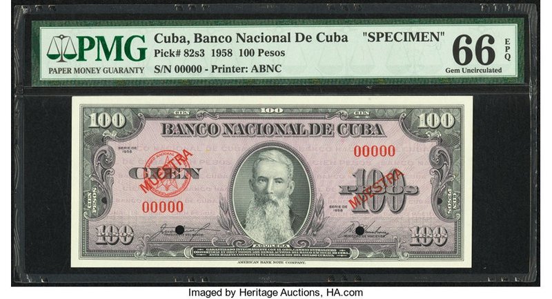 Cuba Banco Nacional de Cuba 100 Pesos 1958 Pick 82s3 Specimen PMG Gem Uncirculat...