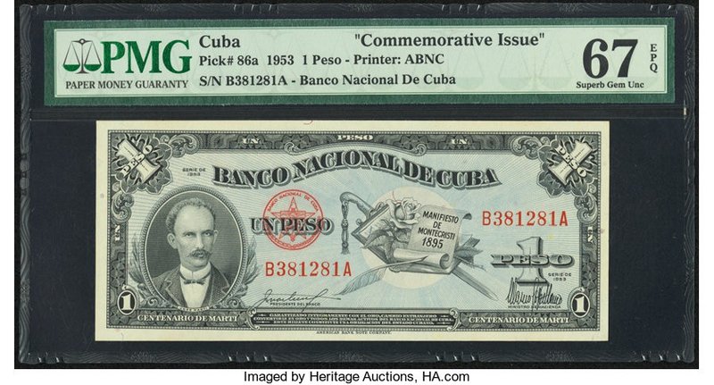 Cuba Banco Nacional de Cuba 1 Peso 1953 Pick 86a PMG Superb Gem Unc 67 EPQ. 

HI...