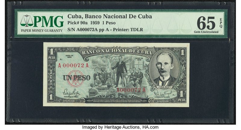 Cuba Banco Nacional de Cuba 1 Peso 1959 Pick 90a PMG Gem Uncirculated 65 EPQ. 

...
