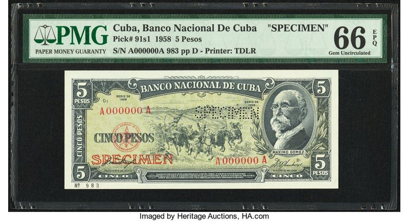 Cuba Banco Nacional de Cuba 5 Pesos 1958 Pick 91s1 Specimen PMG Gem Uncirculated...