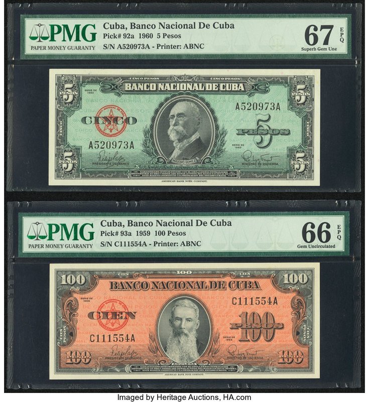 Cuba Banco Nacional de Cuba 5 Pesos; 100 1960; 1959 Pick 92a; 93a Two Examples P...