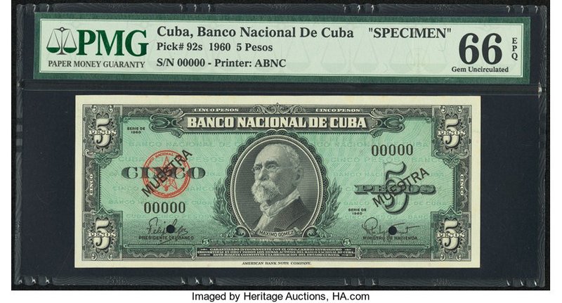 Cuba Banco Nacional de Cuba 5 Pesos 1960 Pick 92s Specimen PMG Gem Uncirculated ...