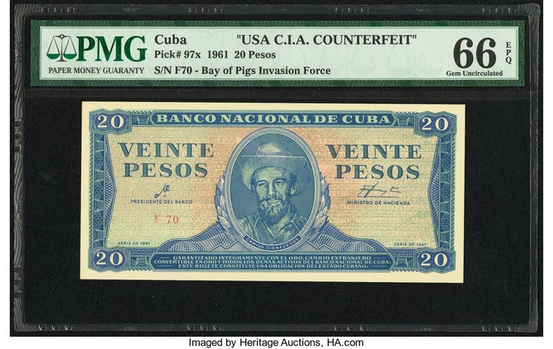 Cuba Banco Nacional de Cuba 20 Pesos 1961 Pick 97x C.I.A. Counterfeit PMG Gem Un...