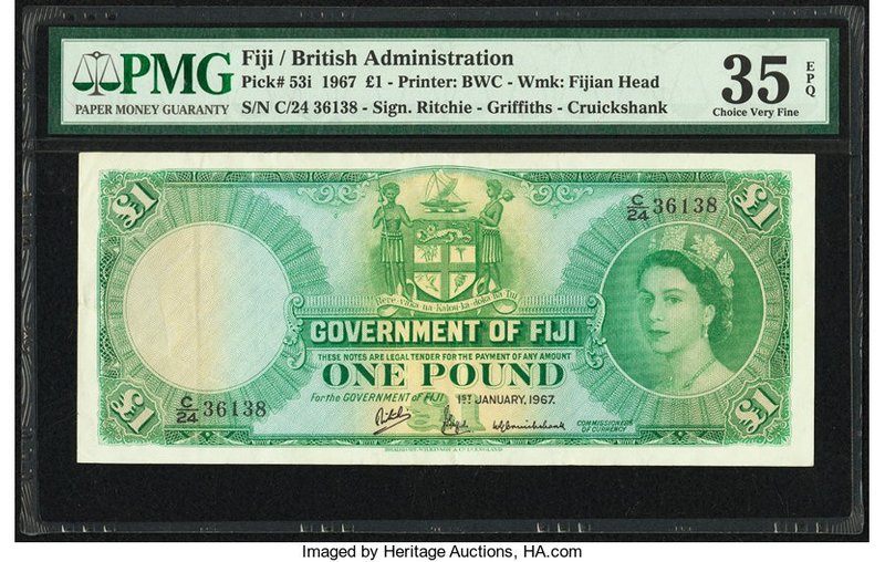 Fiji Government of Fiji 1 Pound 1.1.1967 Pick 53i PMG Choice Very Fine 35 EPQ. 
...