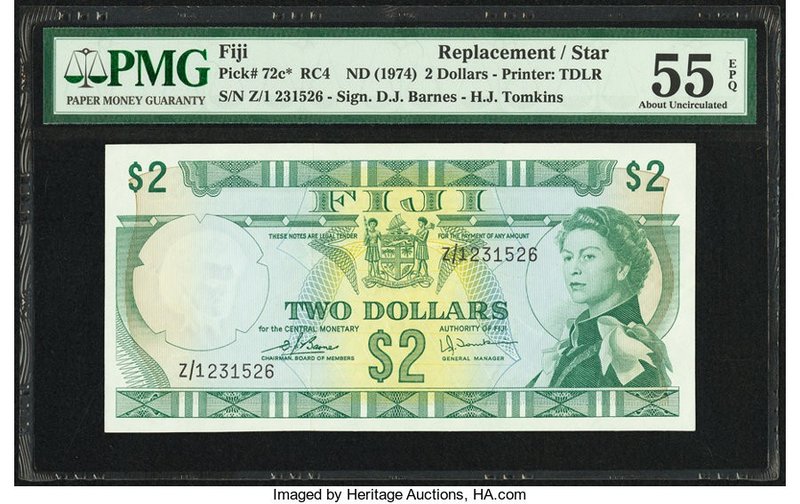Fiji Central Monetary Authority 2 Dollars ND (1974) Pick 72c* Replacement PMG Ab...