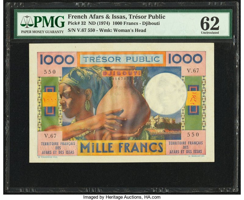 French Afars & Issas Tresor Public 1000 Francs ND (1974) Pick 32 PMG Uncirculate...