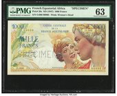 French Equatorial Africa Caisse Centrale de la France d'Outre-Mer 1000 Francs ND (1947) Pick 26s Specimen PMG Choice Uncirculated 63. Staple holes.

H...
