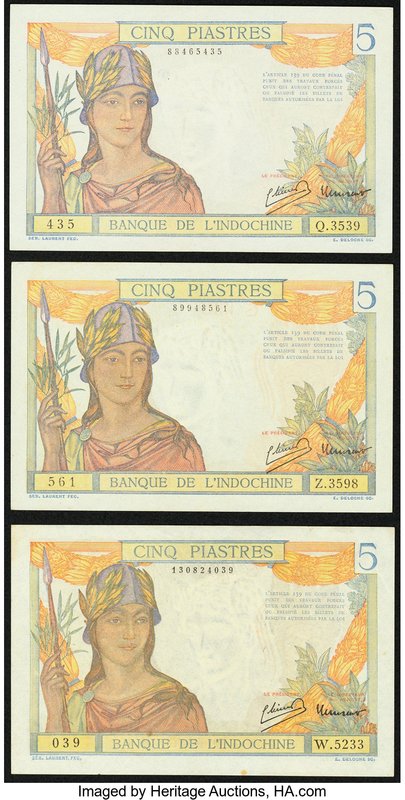 French Indochina Banque de l'Indo-Chine 5 Piastres ND (1946) Pick 55c, Three Exa...
