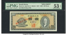 South Korea Bank of Korea 100 Hwan 1957 / 4290 Pick 21s Specimen PMG About Uncirculated 53 EPQ. 

HID09801242017