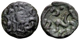 Gallia Belgica, Ambiani
Amiens (?),1st C. BC. Ӕs, 2.18 gr. Male head right / horse right, around: volutes. DT 363. Extremely fine. From an old French...