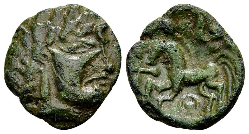 Gallia Belgica, Ambiani
Amiens (?),1st C. BC. Ӕs, 2.13 gr. Male head right / ho...