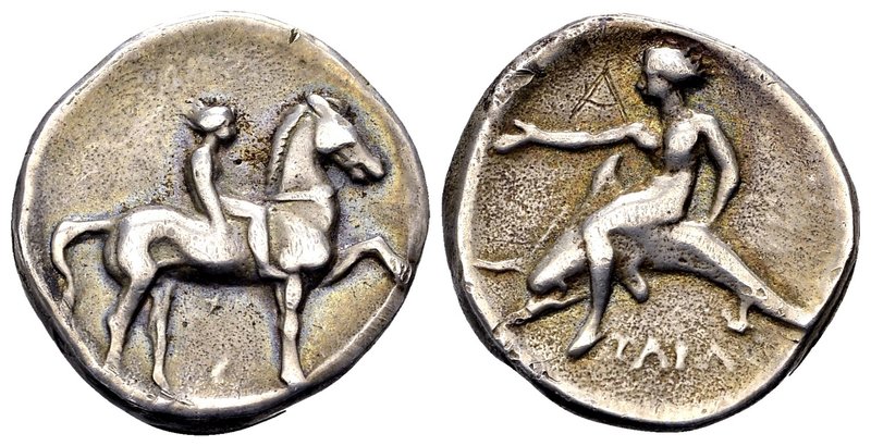 Calabria, Tarente
AR stater, 6,97 gr. Youth on horse prancing right, Φ below / ...