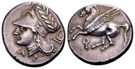 Korinthia, Korinth
ca. 375-300 BC. AR stater, 8.58 gr. Pegasos flying left; below: Φ / helmeted head of Athena left, laurel wreath on bowl; to lower ...
