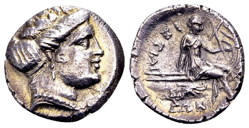 Euboia, Histiaia 
Ca. 196-146 BC. AR tetrobol, 2.3 gr. Female head right, weari...