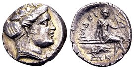 Euboia, Histiaia 
Ca. 196-146 BC. AR tetrobol, 2.3 gr. Female head right, wearing ivy-wreath / nymph Histiaia seated right on stern of galley; wing o...