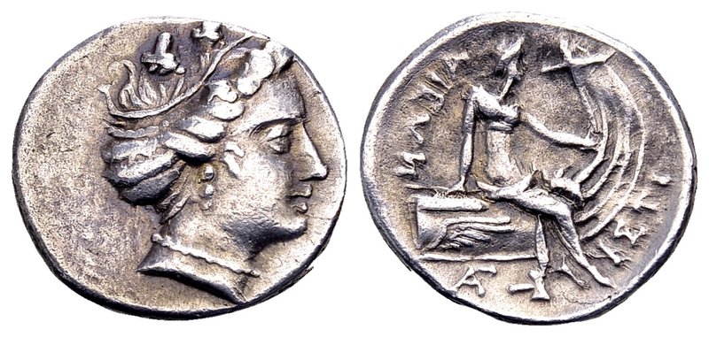 Euboia, Histiaia 
Ca. 196-146 BC. AR tetrobol, 2.45 gr. Female head right, wear...