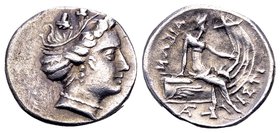 Euboia, Histiaia 
Ca. 196-146 BC. AR tetrobol, 2.45 gr. Female head right, wearing ivy-wreath / nymph Histiaia seated right on stern of galley; wing ...