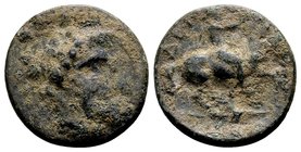 Elimiotis, Derdas II. 
Ca. 380 BC. Æ chalkous, 2.61 g. Laureate head of young Apollo right / ΔEPΔ horseman, with petasos and chlamys, prancing right....