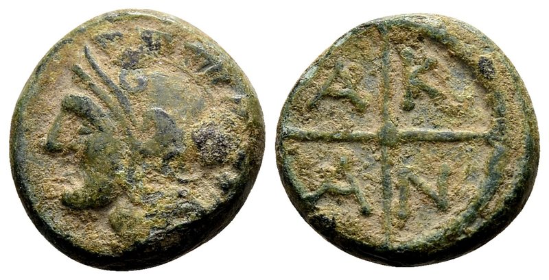 Macedon, Akanthos. 
Ca. 4th century BC. Æ 8, 3.79 g. Helmeted head of Athena le...