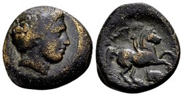 Kingdom of Macedon, Philip II. 
Uncertain mint in Macedon, 359-336 BC. Æ 18, 6.36 g. Head of Apollo leftt / ΦIΛIΠΠOY youth on horseback left; below: ...