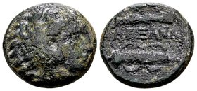 Kingdom of Macedon, Alexander III. 
Uncertain mint in Macedon, 336-323 BC. Æ17, 6.02 g. Head of young Herakles right, wearing lion skin / ΑΛEΞΑΝΔΡΟΥ ...