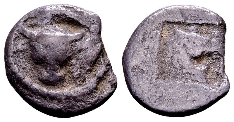 Thessaly, Larissa. 
Ca. 462-460 BC. AR obol, 0.96 gr. protome of bull left / ΛA...